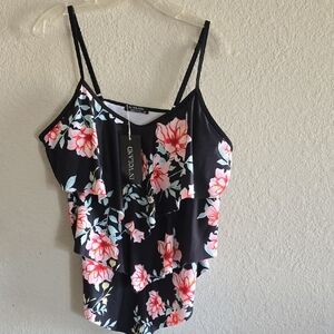 Black Floral Ruffle Cami Top - Pink Floral